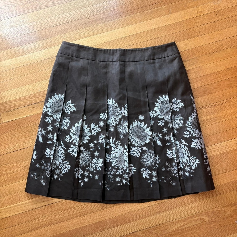 Ann Taylor Petites Brown Floral Jacquard Cotton Silk Pleated A-Line Skirt 14P - Picture 9 of 9